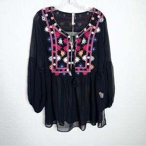 Monoreno Top Women Small Embroidered Floral Tunic Shirt Black Sheer Boho C5